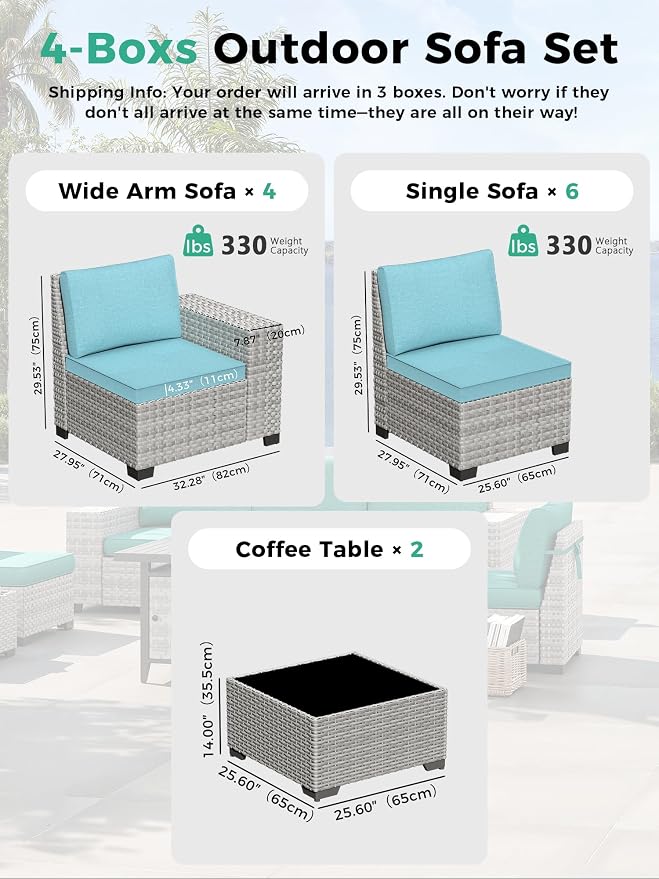 12 Piece Outdoor Wicker Sectional Sofa Set, 10-Seats Patio Furniture Conversation Set with 4" Thickened Cushions & Coffee Table, All-Weather PE Rattan for Garden, Backyard, Porch, Turquoise