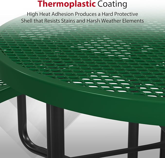 Leisure Craft Metal Picnic Table with Bench - 46" Round Outdoor Dining Table for 8 with Umbrella Hole, Weatherproof Heavy Duty Thermoplastic Coating, Commercial Grade Furniture Made in USA - Green