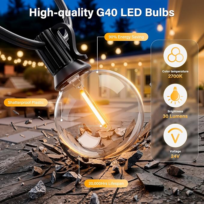 100FT Outdoor String Lights with Remote, Waterproof Connectable Dimmable G40 Patio Lights with 40+2 Shatterproof Edison LED Bulbs Plug in, Hanging Light for Outside Backyard Deck Garage Decor