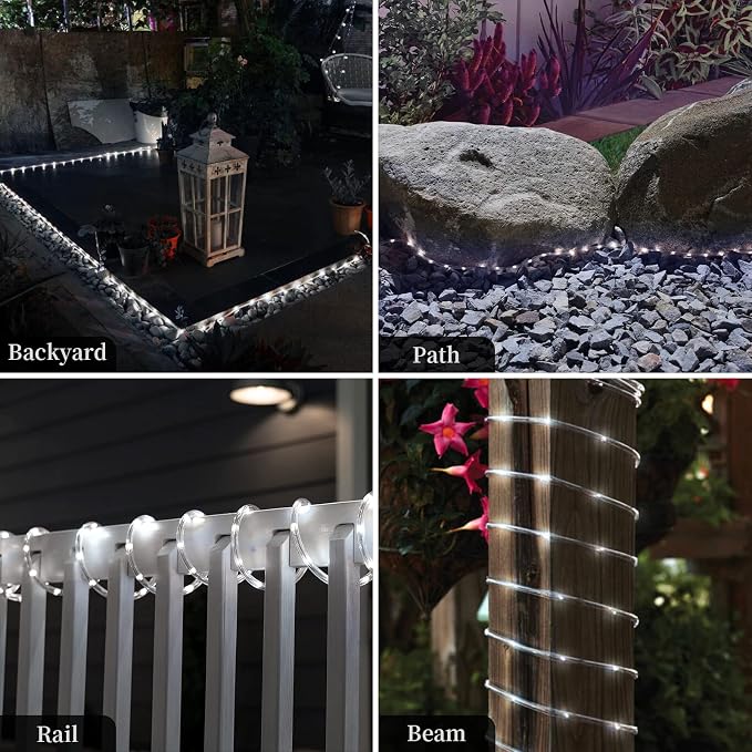 ANJAYLIA 66FT 200 LED Waterproof Outdoor Solar Rope Lights, Cold White | Solar Powered Rope Lights With 8 Modes, Remote, Timer, Dimming, Auto On/Off For Garden, Deck, Patio, and Holiday Decor