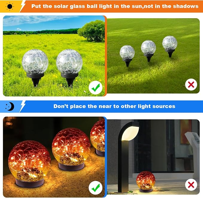 Solar Globe Lights Outdoor Waterproof-Solar Balls-Solar Garden Lights Orbs | Solar Globe Lights for Outside 6 Pack Cracked Glass Ball for Lawn Patio Yard Backyard Decorations