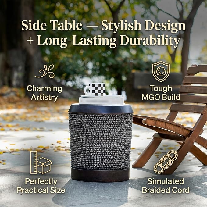 Outdoor Side Table, Small Round Pedestal End Table with Rope Texture & Vintage Trim, Farmhouse Boho Accent Table for Indoor Outdoor Living Room Bedroom Patio, No Assembly, 15.7" D x 18.1" H