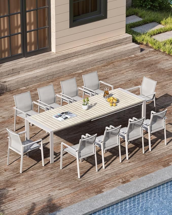 Extendable Outdoor Dining Table for 6-10 Person, 85"-107" Oversized Rectangular Patio Dining Table, Never-Rust Aluminum Expandable Dining Table with Wood Grain Tabletop for Deck, Garden, Porch