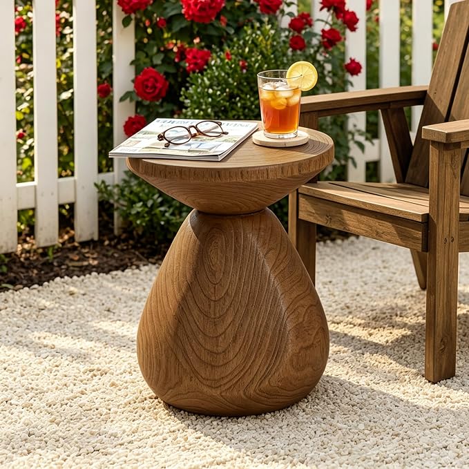 Merax Small Outdoor Patio Side Table with Wood Grain Finish, MGO Accent End Table for Indoor Outdoor, 18" Height Small Round Side Coffee Table with Waterdrop-Shaped Base, No Need Assembly, Wood