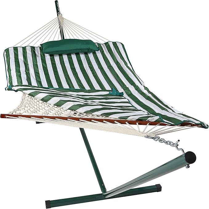 Sunnydaze Rope Double Hammock with Stand for Outside - Heavy Duty Freestanding Portable Outdoor Hammock Set with Quilted Pad, Pillow, and 12-Foot Steel Frame - 450 lb Capacity - Green & White Stripe