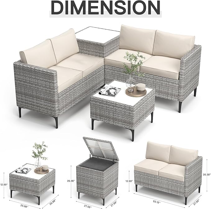 Outdoor PE Rattan Patio Conversation Set with Storage, All-Weather Wicker Sectional Sofa with Cushions for Backyard Garden Porch, Grey White and Khaki