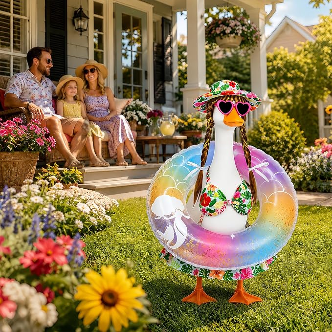 Hawaiian Porch Goose Bikini Outfits, Summer Goose Swimsuit Clothes Fits 23" Goose Statue with Cute Hat, Goose Wigs, Sunglasses & Swimming Ring for Outdoor Patio Yard Decoration