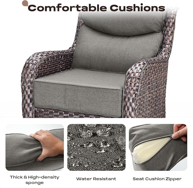 Rilyson Wicker Outdoor Patio Furniture Sets - 5 Piece Patio Conversation Sets with Swivel Rocker Chairs, Ottomans and Sofa, 6 inch Cushions, Waterproof Wicker, for Porch Deck Brown/Grey