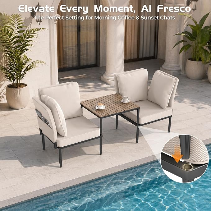 5 in 1 Modular Patio Furniture Set, 3 Piece Aluminum Convertible Outdoor Sectional to Loveseat, Tanning Chair, All-Weather Seating for Balcony, Apartment, Beige