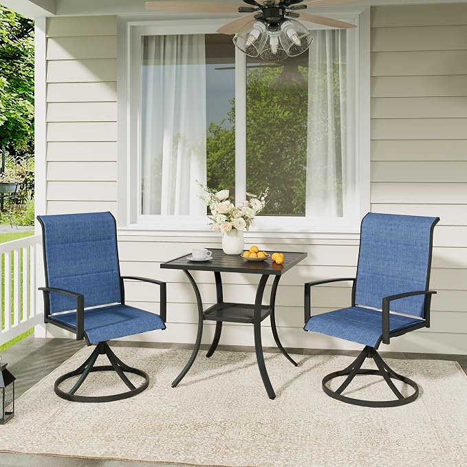 VICLLAX 3 Pieces Outdoor Dining Set, Patio Furniture Set Includes 27.6" Square Metal Table and 2 Padded Textilene Swivel Chairs for Porch, Lawn, Garden, Backyard