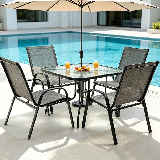 Patio Dining Table for 4 with Umbrella Hole, Outdoor 5 Piece Dining Set 36" x 36", Black, for Garden Backyard Poolside Front Proch Outside