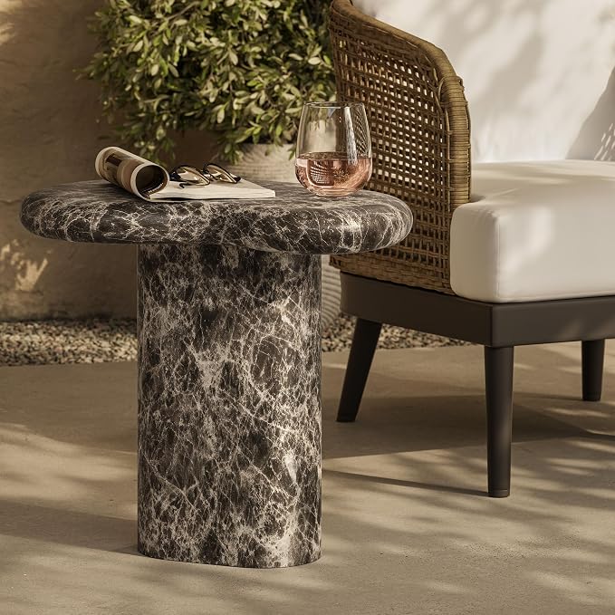 Modway Elowen Faux Marble Side Table in Dark Emperador Marble - Faux Emperador Marble Sculptural Pedestal Accent Table for Indoor and Outdoor Spaces
