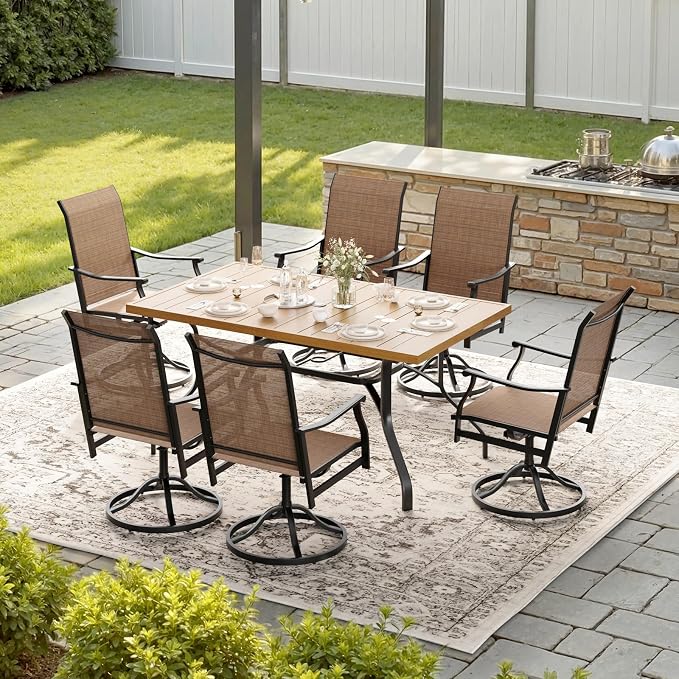 Soohow Outdoor Dining Set for 6, 7-Piece Patio Table and Chairs Set, 6 x Swivel Patio Dining Chairs and 60"x35" Wood-Like Outdoor Table with 1.57" Umbrella Hole for Backyard, Poolside
