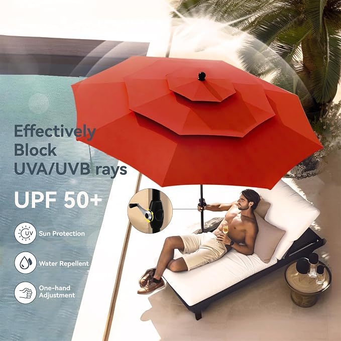 PHI VILLA 6 Pcs Patio Dining Set with Umbrella (Orange Red), Outdoor Table and Chairs Set with Adjustable Folding Chairs & Square Metal Dining Table for Yard, Garden and Deck (No Umbrella Base)