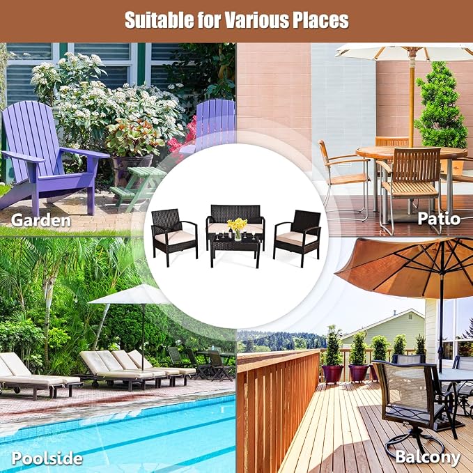 COSTWAY 4 PCS Patio Rattan Conversation Furniture Set Cushioned Seat Glass Tabletop