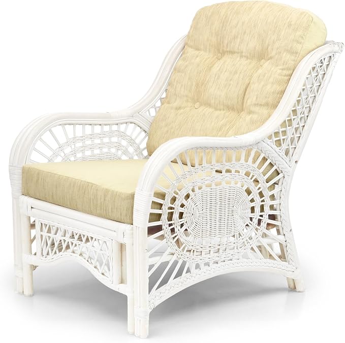 Malibu Lounge Set of 4: 2 Natural Rattan Wicker Chairs, Three-Seater Sofa with Cream Cushions and Coffee Table with Glass Handmade, White Color