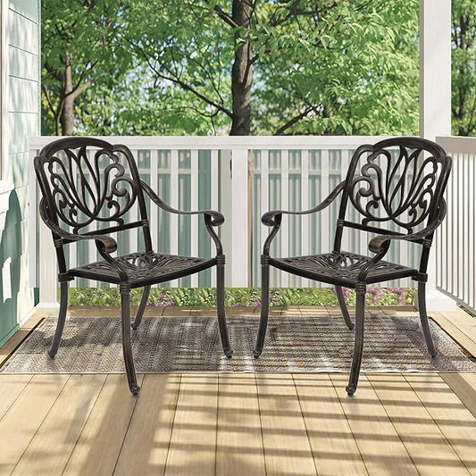 MEETWARM 2 Piece Patio Dining Chairs, Outdoor All-Weather Cast Aluminum Chairs, Patio Bistro Dining Chair Set of 2 for Garden Deck Backyard, Dark Bronze