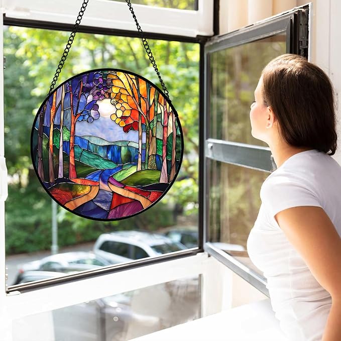 DASTOLL Stained Glass Window Hanging, Colorful Forest Landscape Tree Suncatcher for Doors Window Home Abstract Sun Catchers Decoration Mother's Day Birthday Gifts for Women, Men, and Mom 11.8 in