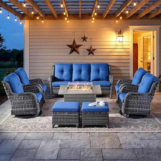 8 Piece Patio Furniture Set with 41" Fire Pit Table - Patio Conversation Set with 4 Inch Thick Cushions and Deep Seating Swivel Glider Chairs Set of 4 & Outdoor Couch for Porch Deck Yard Pool