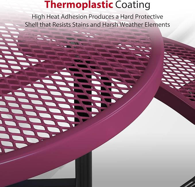 Leisure Craft Metal Picnic Table with Bench - 46" Round Outdoor Dining Table with Umbrella Hole, Heavy Duty Thermoplastic Coating, ADA Compliant, Commercial Grade Furniture Made in USA - Burgundy