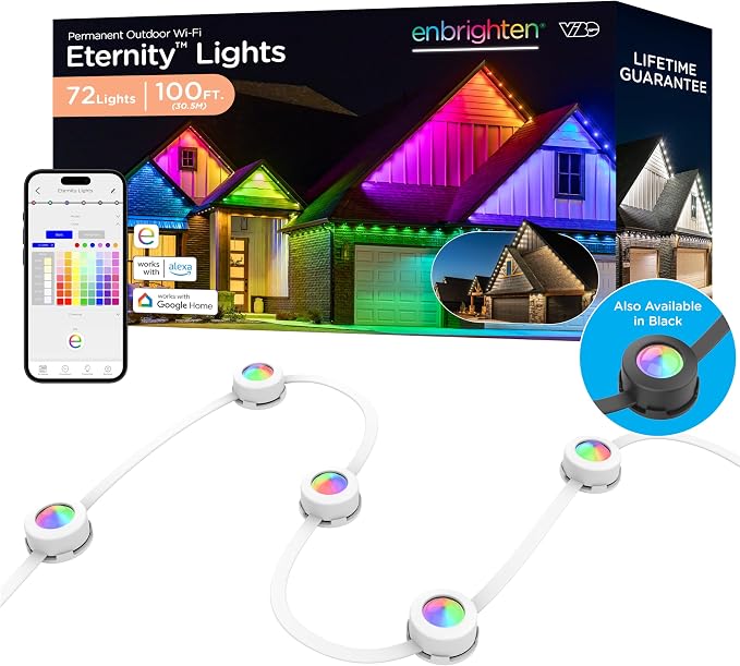 Enbrighten Eternity Permanent Outdoor Lights, 100ft, 72 Lights, Smart | White Cord, RGBWIC LEDs, Weatherproof, Cuttable, Link to 200ft, Christmas, App Control, Works with Alexa & Google Home