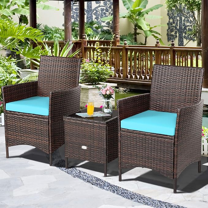 COSTWAY 3 Pieces Patio Rattan Furniture Set, Outdoor Wicker Cushioned Sofa with Tempered Glass Tabletop, Rattan Conversation Set for Porch Yard Balcony Backyard Pool, Turquoise