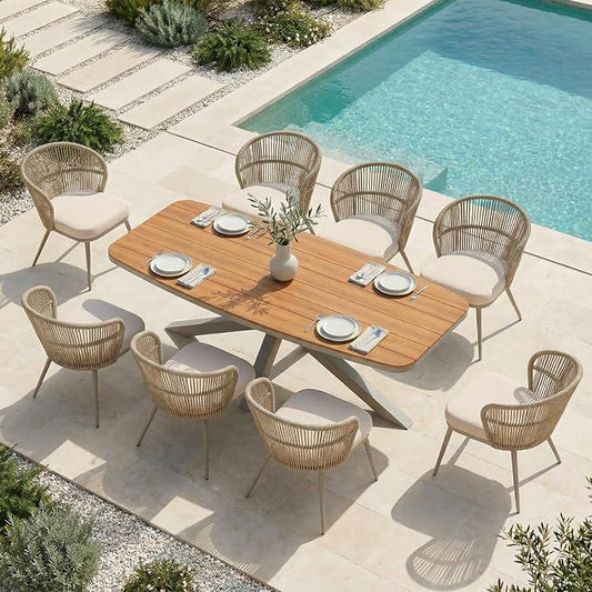 SUNSITT 9 Piece Outdoor Patio Dining Set, Patio Dining Furniture Set with 87” Aluminum Dining Table w/X Base Legs and 8 Woven Wicker Outdoor Patio Chairs w/Removable Cushions for Garden, Beige