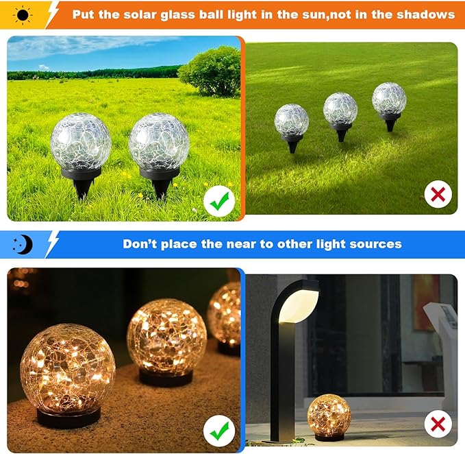 Solar Globe Lights Outdoor Waterproof-Solar Balls-Solar Garden Lights Orbs | Solar Globe Lights for Outside 6 Pack Cracked Glass Ball for Lawn Patio Yard Backyard Decorations