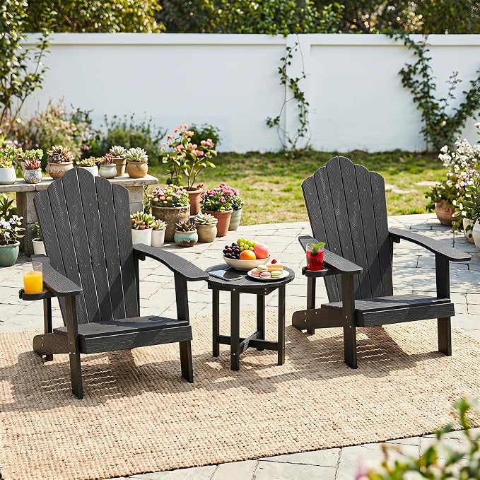 Tangkula Round Outdoor Side Table Set of 2, Adirondack Side Table with Weather-Resistant, Waterproof Top, Small Outside End Table for Patio Deck Pool Porch, Easy Maintenance (Black,2)
