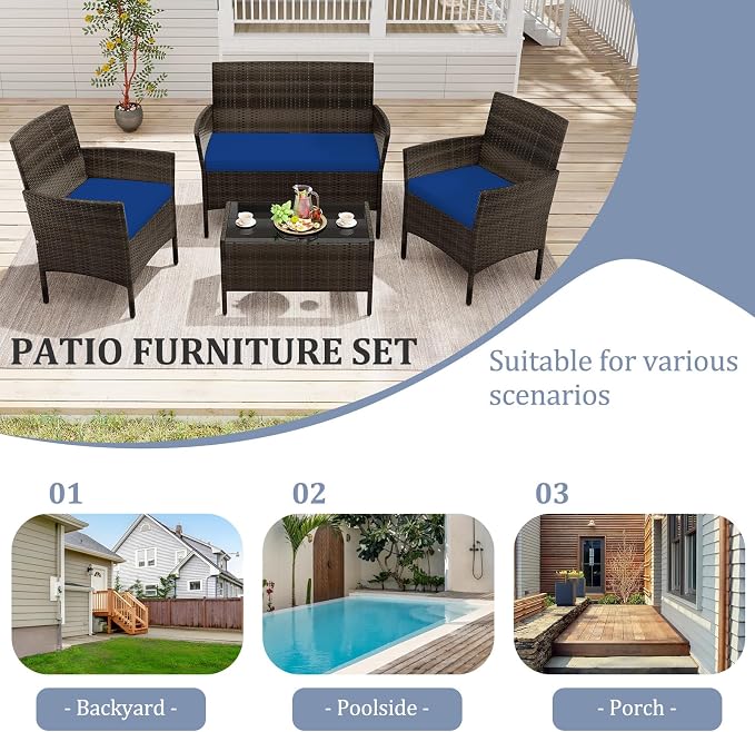 4 Piece Patio Furniture Set, Sectional Conversation Sofa Set with Glass Coffee Table, Cushions & Loveseat, Wicker Outdoor Table and Chairs for Pool, Garden, Deck, Backyard (2, Navy)
