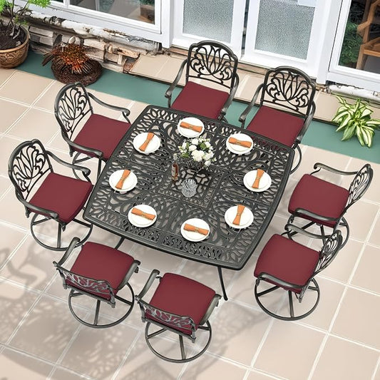 MEETWARM 9-Piece Outdoor Patio Dining Set for 8, All Weather Cast Aluminum Patio Funiture Table and Chairs Set- Large 64" Square Table and 8 Cushioned Swivel Rocker Chairs, 2.2" Umbrella Hole, Red