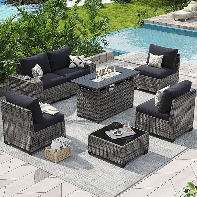 Aoxun Outdoor Patio Furniture Set with 44'' Fire Pit Table, 7 Pcs Outdoor Patio Furniture Sets with 4in Thicken Cushion, Widen Armrests Wicker Outdoor Sectional for Backyard & Garden, Black