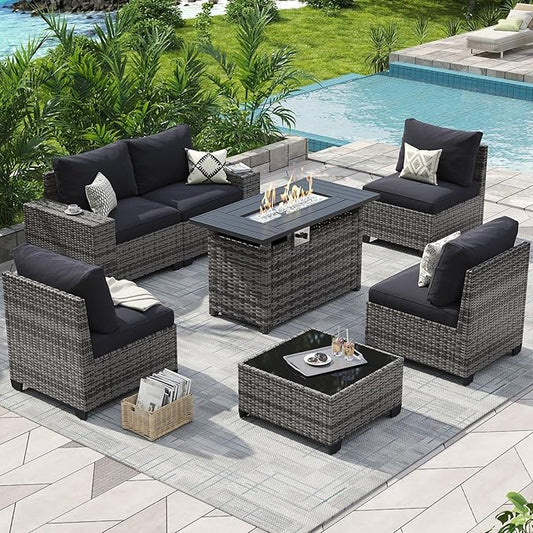 Aoxun Outdoor Patio Furniture Set with 44'' Fire Pit Table, 7 Pcs Outdoor Patio Furniture Sets with 4in Thicken Cushion, Widen Armrests Wicker Outdoor Sectional for Backyard & Garden, Black