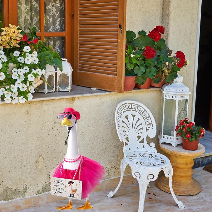 6pcs Hot Pink Western Cowboy Porch Goose Outfits for 17-23 Inches | Tutu Skirt Cowboy Hat Glasses Necklaces Wooden Sign for Outdoor Garden Lawn Art Decor