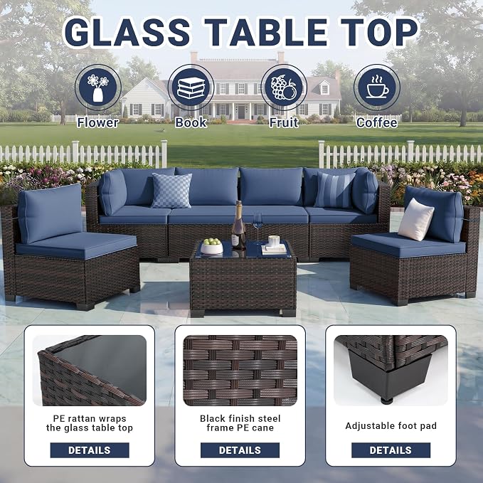 LAFWLL 7 Pieces Outdoor Patio Furniture Sets,Rattan Conversation Sectional Set,Manual Weaving Wicker Patio Sofa with Tea Table