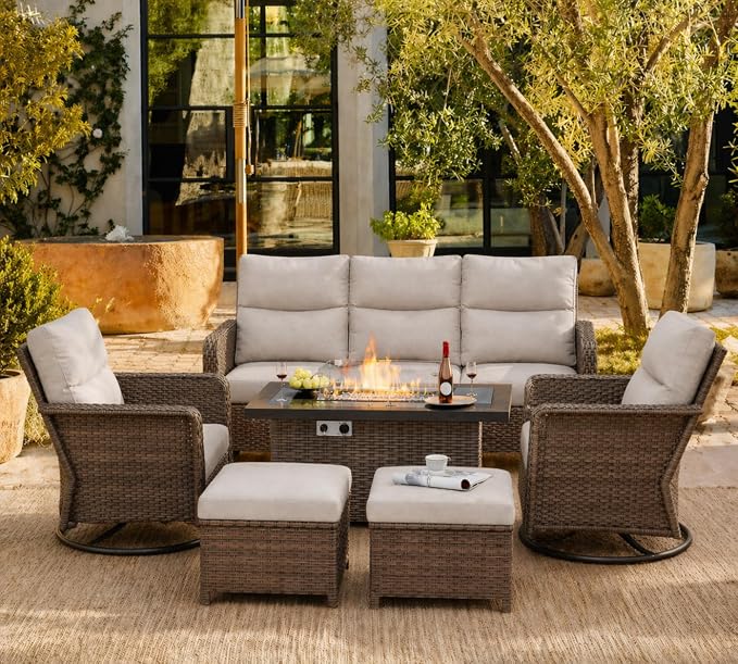 XIAO WEI 6-Piece Outdoor Furniture Set with Fire Pit Table, Wicker Patio Conversation Set with Cushions & Swivel Glide Chairs, All-Weather Patio Furniture Set for Backyard, Garden, Deck (Beige)