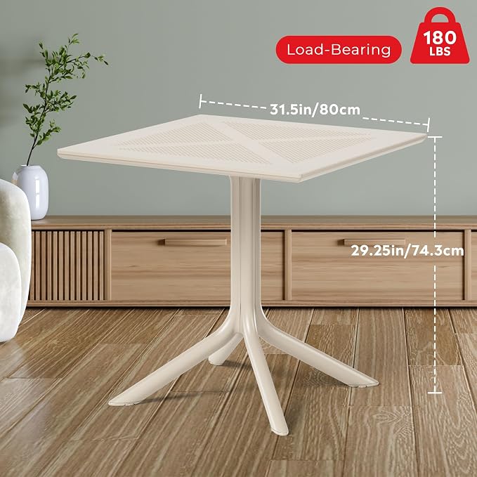 Costaelm Patio Dining Table for 4, Square PP Patio Table, 4-Person Weather Resistant Porch Tables for Outside Poolside Deck Lawn Garden Backyard, Sand