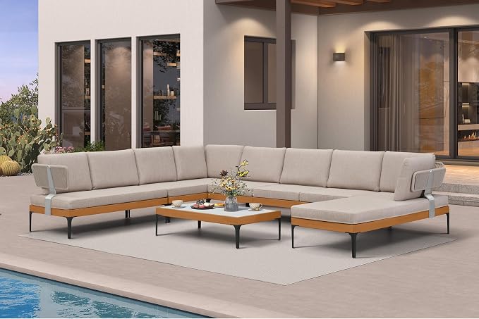 PURPLE LEAF Patio Furniture Set Outdoor Sectional Sofa with Coffee Table Cushions and Pillows Wicker U-Shaped 9 Pieces Aluminum Conversation Sets for Balcony Yard Poolside Garden, Oatmeal Greige