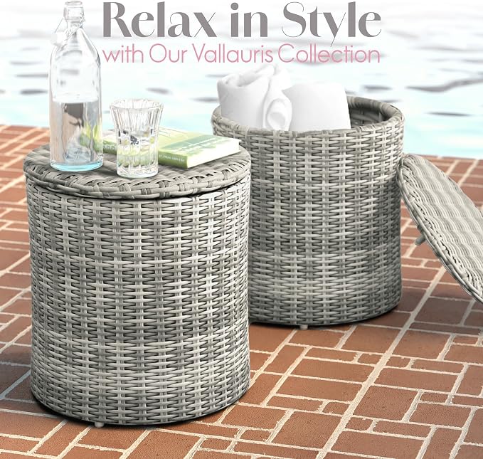 Pemberly Row Outdoor Side Table with Storage, Gray Hand-Woven All-Weather Wicker, Round Accent Table, 18 in Wide Top, 19 in Deep Storage, Adjustable Feet for Patio or Terrace Use