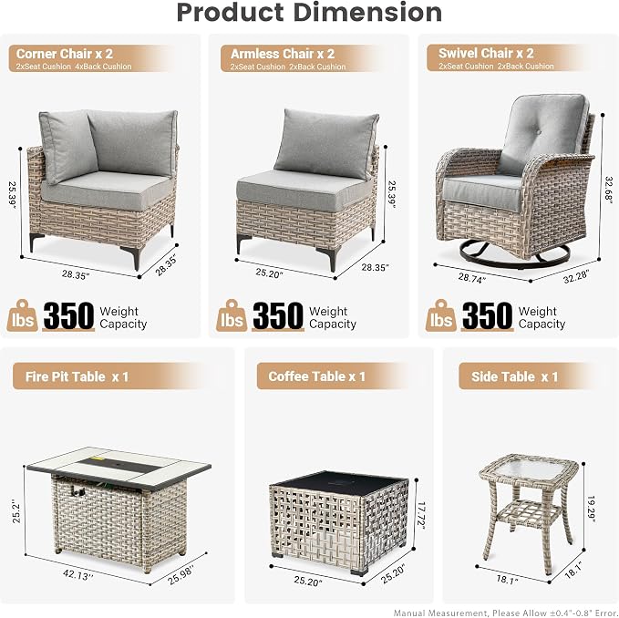 Outdoor Patio Furniture Sets,9 PCS Patio Conversation Set Outside Rattan Sectional Sofa with 42 in Square Fire Pit Table Wicker Rocking Chair Coffee Table Fit Backyard Garden Poolside Balcony