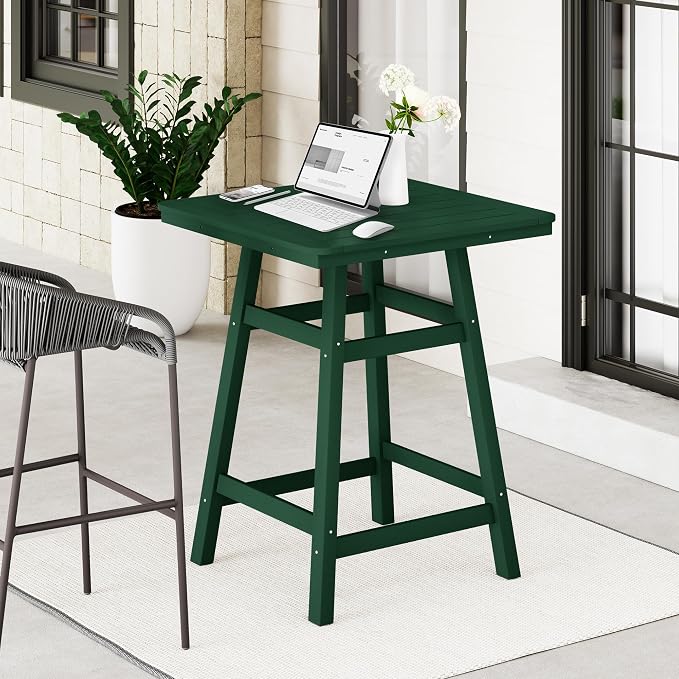 Costaelm Outdoor Bar Table, 37" Counter Height Square Patio Cocktail Bar Table with Umbrella Hole, Patio Bistro Dining Pub Table for Front Porch Deck Backyard Garden, Dark Green