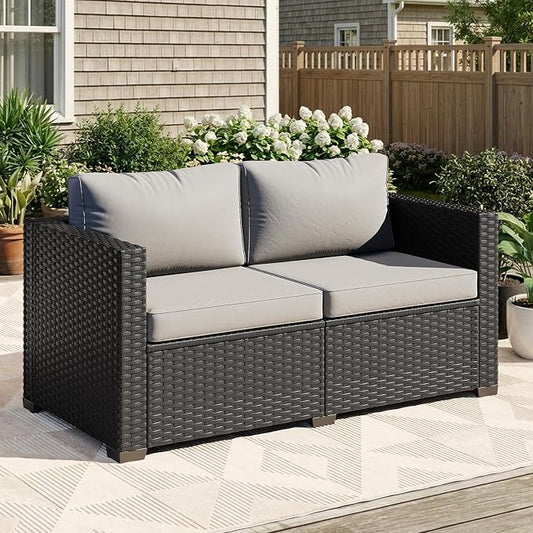 LazySunsets 1-Piece Outdoor Patio Furniture Set, Rattan Outdoor Sectional with Thick Waterproof Cushions, Waterproof Cover, Patio Conversation Set for Garden, Backyard, Porch, Grey