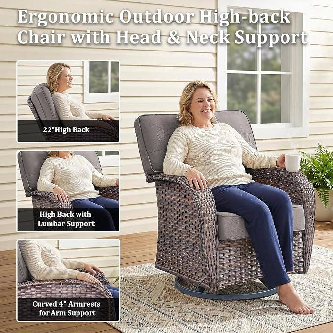 7 Piece Outdoor Patio Furniture Set with 30" Fire Pit Table,Conversation Sectional Wicker Couch with Swivel Chairs,Modern Outside Sofa for Balcony Backyard, Brown/Grey