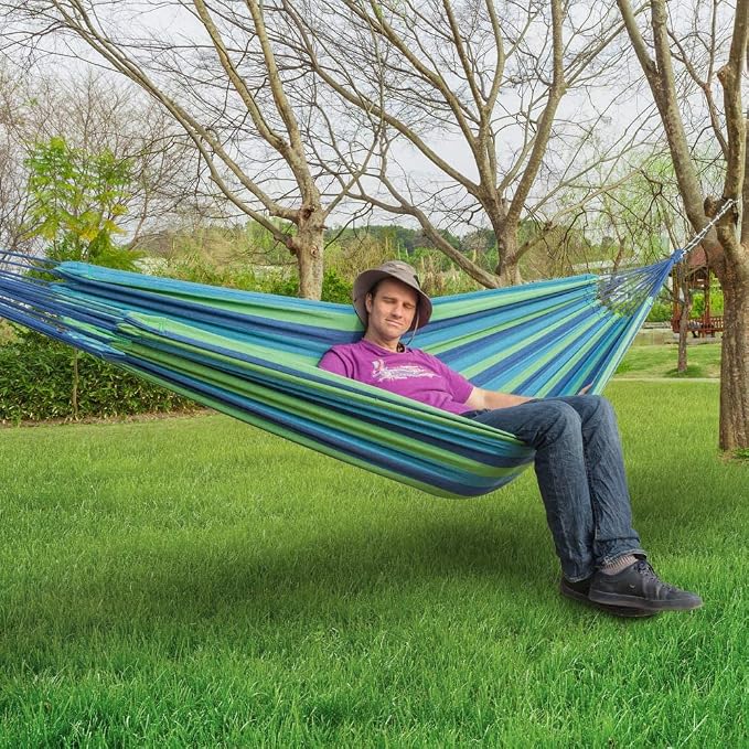 VALUE BOX Brazilian Double Hammock Cotton Hammock, Extra Long and Wide Hammock for Travel, Backyard, Porch, Outdoor or Indoor, w/Portable Carrying Bag (Blue)