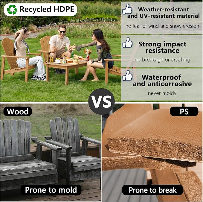 nevilywood Compact Stackable Adirondack Chairs Set of 4,HDPE,380lbs,Teak | 26.3" Wide HDPE.All-Weather Outdoor.Maintenance-Free.Stackable for Storage.25°Curved Straight Backrest.Quick Assembly