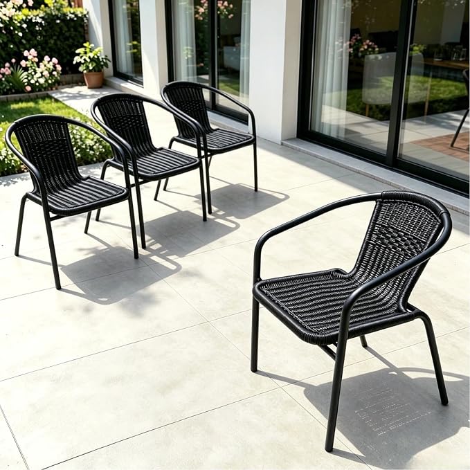 4 Pack Black Stackable Outdoor Rattan Chairs, All-Weather Patio Seating for Balcony Porch Lawn, Small Patio Furniture Set for Front Porch Decor & Outdoor Spaces