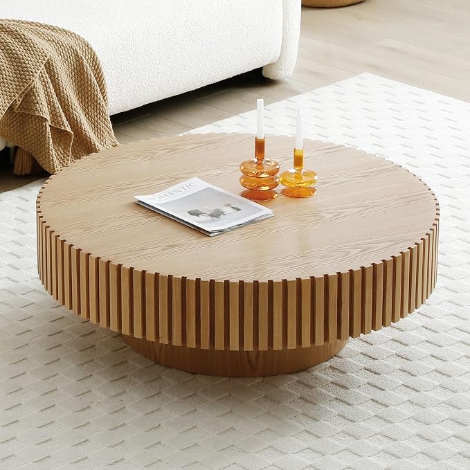 Round Coffee Table, Natural Wood, Modern Style, Slatted Base Design, Living Room Table (Ash, 31.49)