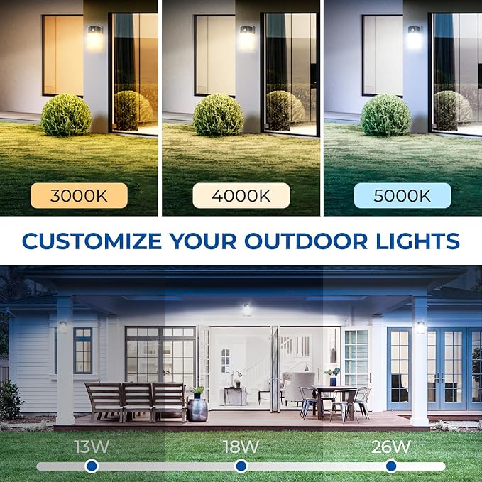 CINOTON 26W LED Wall Pack Light with Dusk to Dawn Sensor, 3CCT Black 2Pack | 100-277Vac, 26W/18W/13W Switchable, 3CCT Wall Lights, IP65 Waterproof, Outdoor Security Flood Lighting for Garage, Backyard