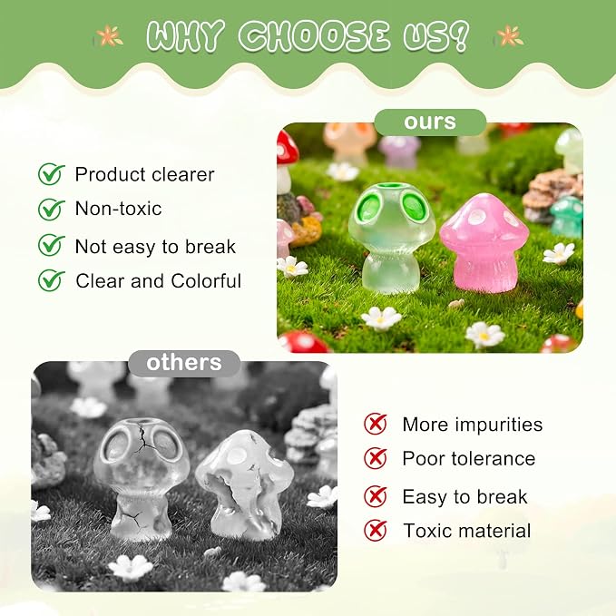 FEXIA 50pcs Mini Resin Mushrooms Little Mushroom Figures Tiny Figures Glow in the Dark for Aquariums Dollhouses Fairy Garden Mushroom Decor Landscape