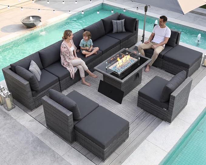 NICESOUL 11 Piece Extra Large Outdoor Furniture Sofa Set, Deep Wide PE Wicker Patio Modular Sectional with Fire Pit Table, 29.3'' High Back Modern Luxury All-Weather Rattan Conversation, Gray